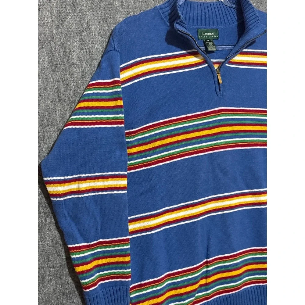 Lauren Ralph Lauren Blue Striped Quarter Zip Cotton Sweater 1XL Womens Mock Neck
